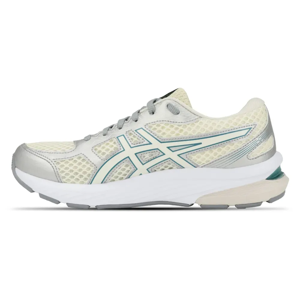 Vista lateral do tênis feminino Asics Gel-Nagoya ST bege com detalhes em azul